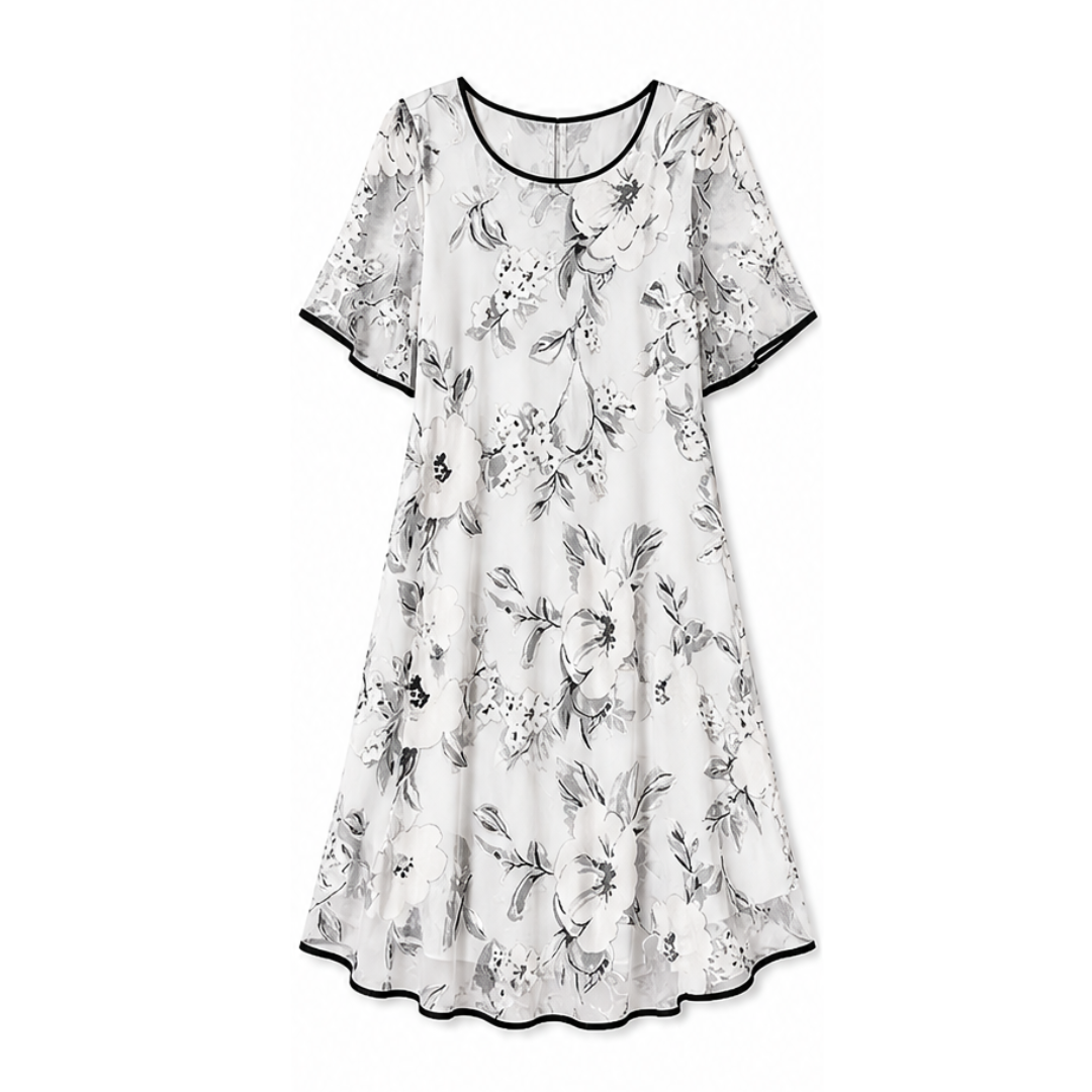 Floral Chiffon Dress with Sheer Overlay and Flutter Sleeves