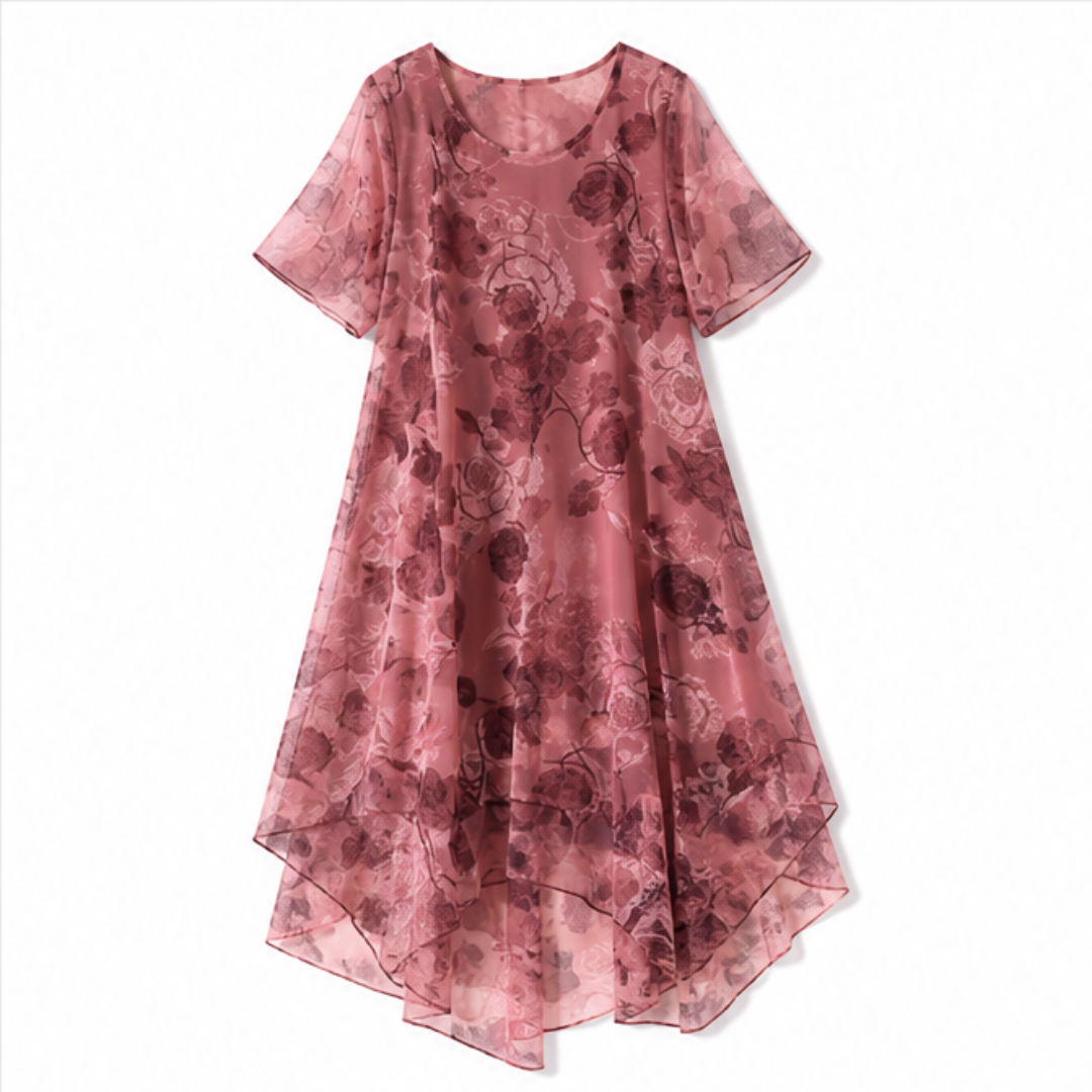 Floral Chiffon Midi Dress - Layered A-Line Dress for Women