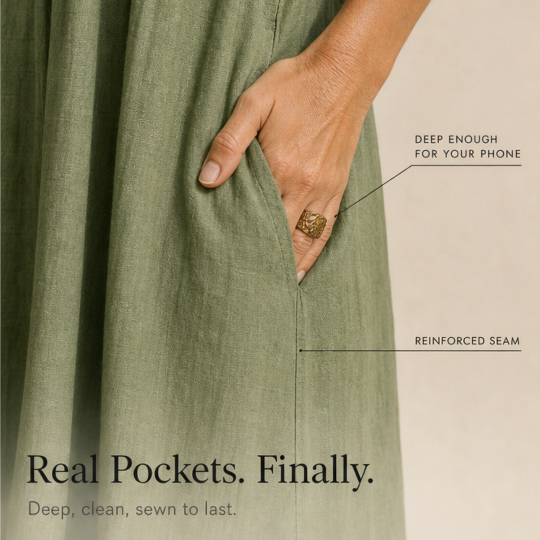 Veluna™ – Ruffle-V Midi Dress with Pockets