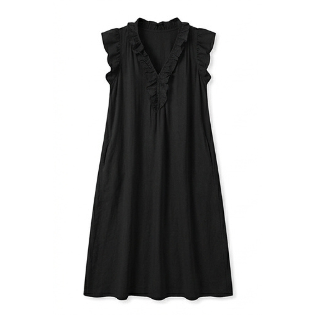 Veluna™ – Ruffle-V Midi Dress with Pockets