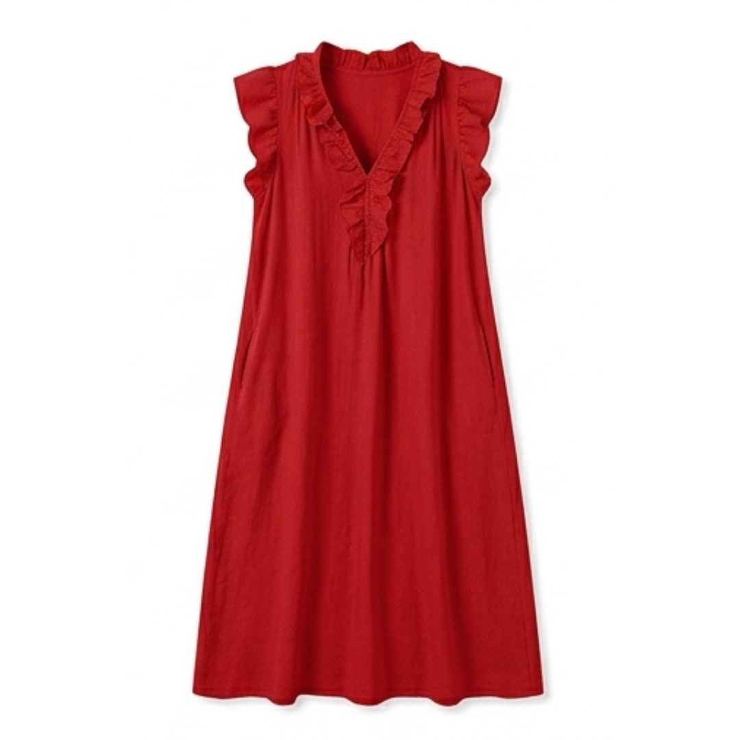 Veluna™ – Ruffle-V Midi Dress with Pockets