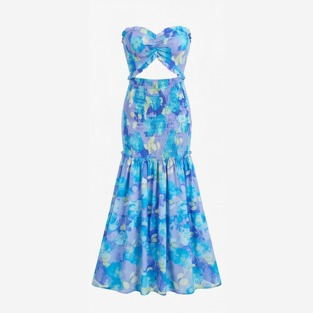 Vestido largo sin tirantes - Cuerpo fruncido con estampado de palmeras y dobladillo sirena