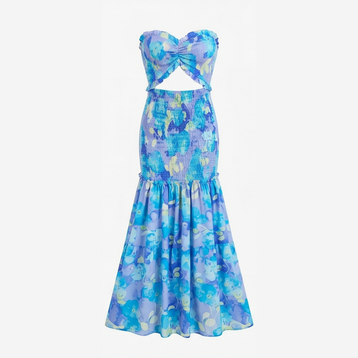 Vestido largo sin tirantes - Cuerpo fruncido con estampado de palmeras y dobladillo sirena