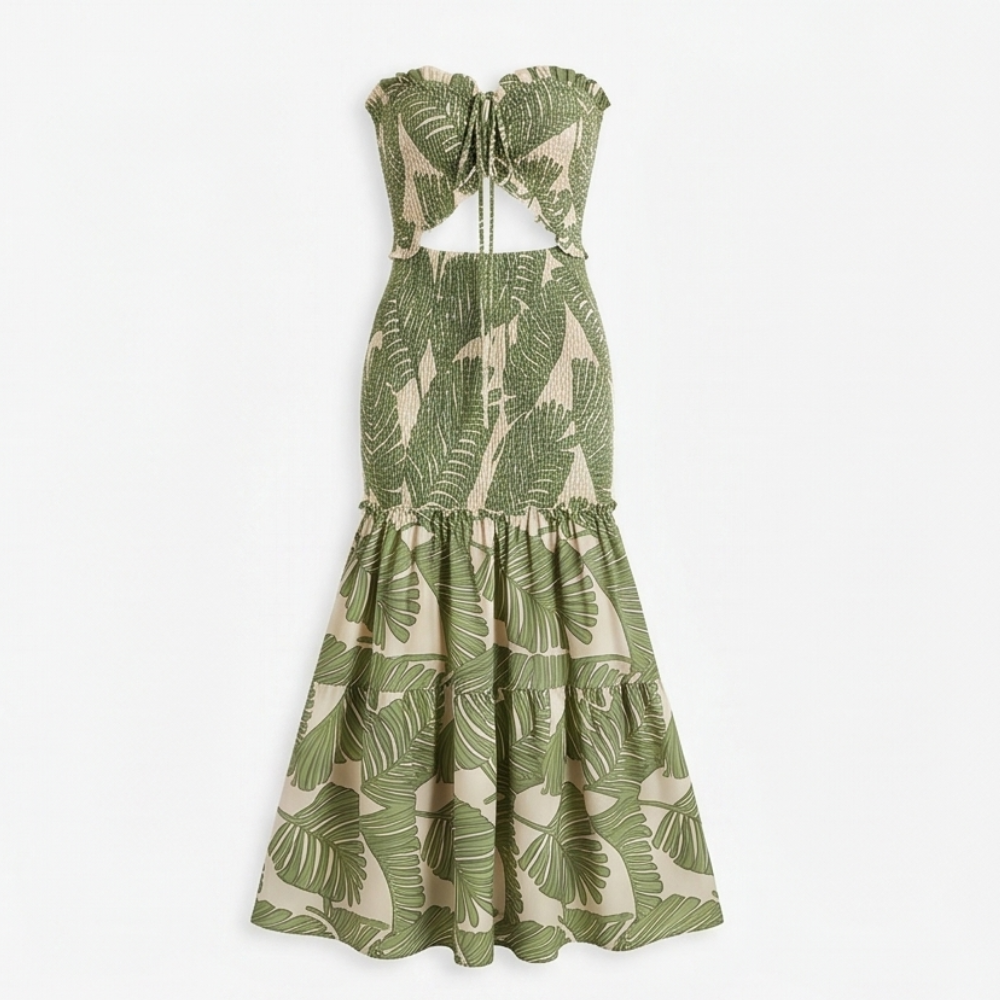 Vestido largo sin tirantes - Cuerpo fruncido con estampado de palmeras y dobladillo sirena