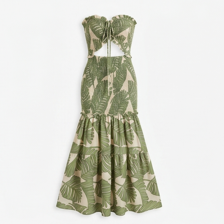 Vestido largo sin tirantes - Cuerpo fruncido con estampado de palmeras y dobladillo sirena
