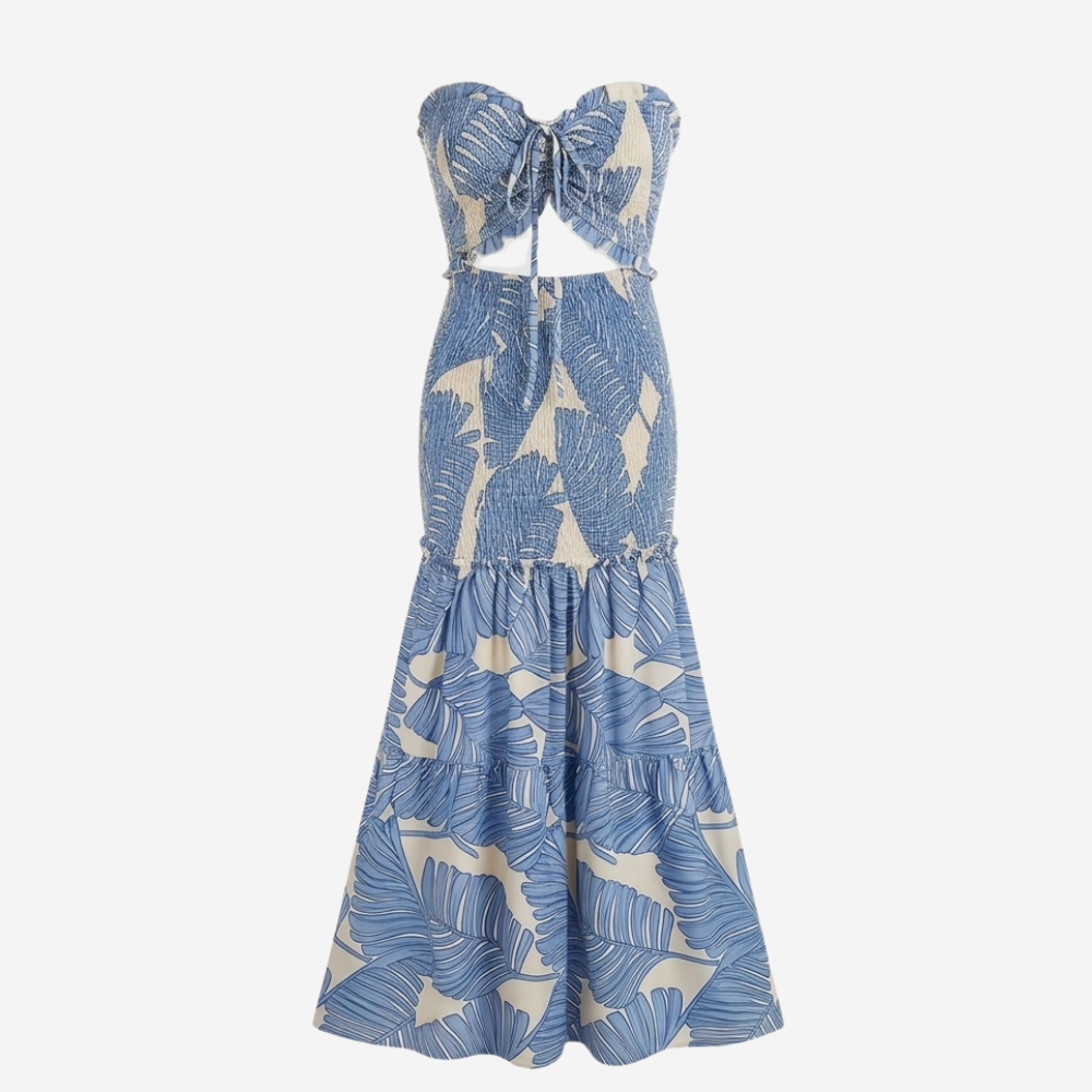 Vestido largo sin tirantes - Cuerpo fruncido con estampado de palmeras y dobladillo sirena