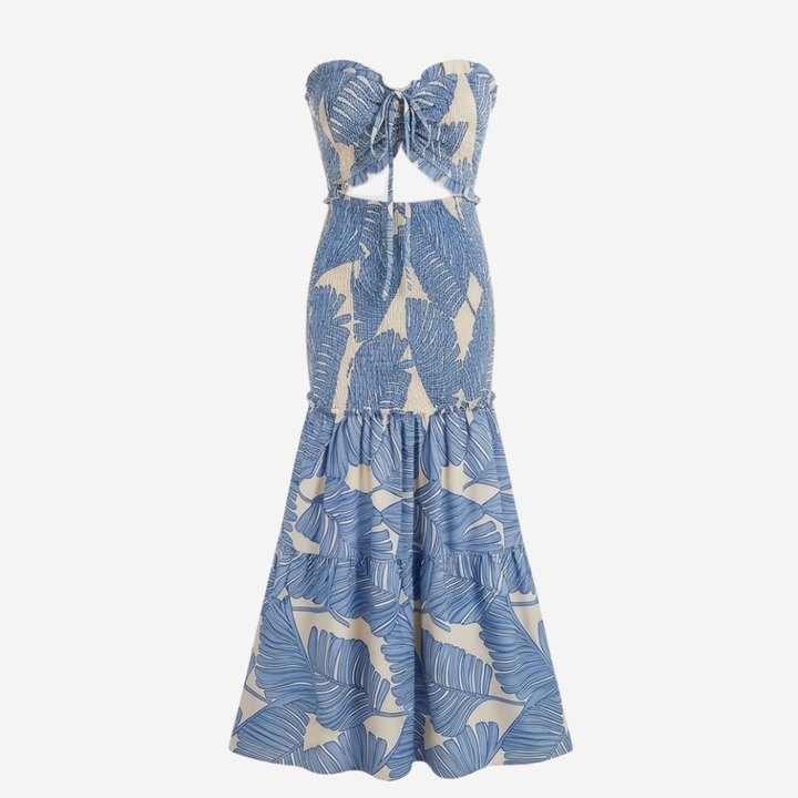 Vestido largo sin tirantes - Cuerpo fruncido con estampado de palmeras y dobladillo sirena