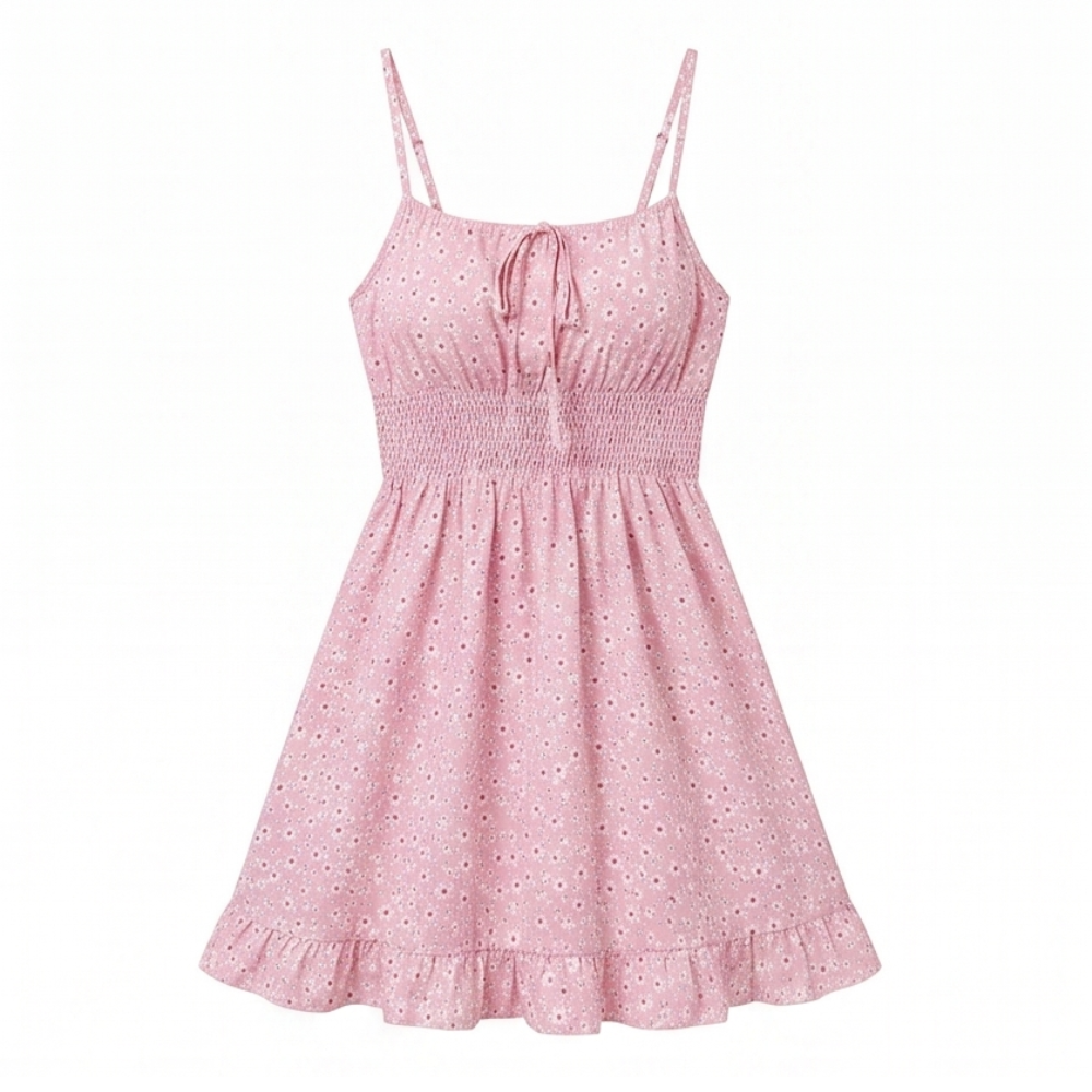 Vestido mini fruncido con lazo delantero para mujer, vestido de verano