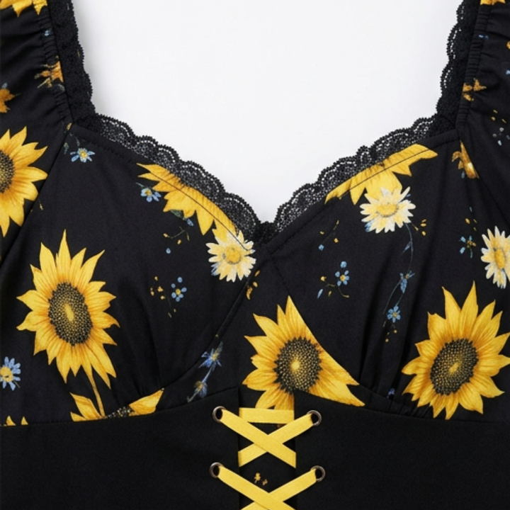 Sunflower Midi Dress | Corset Waist Puff Sleeve Wedding Guest