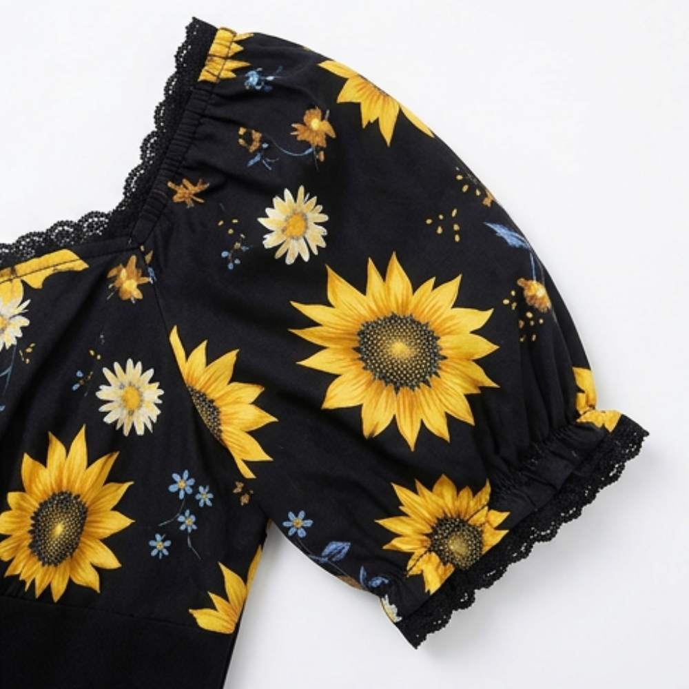 Sunflower Midi Dress | Corset Waist Puff Sleeve Wedding Guest