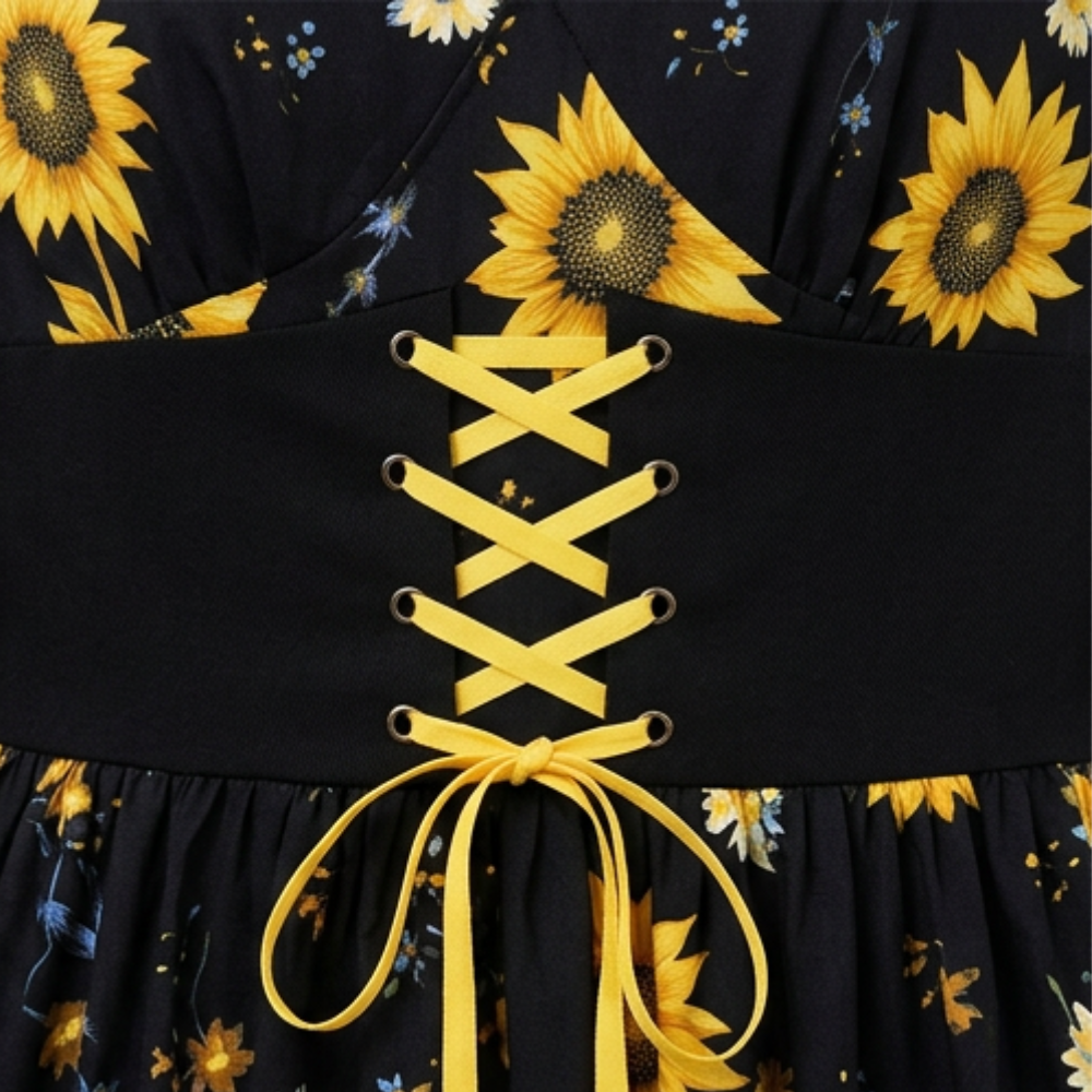 Sunflower Midi Dress | Corset Waist Puff Sleeve Wedding Guest