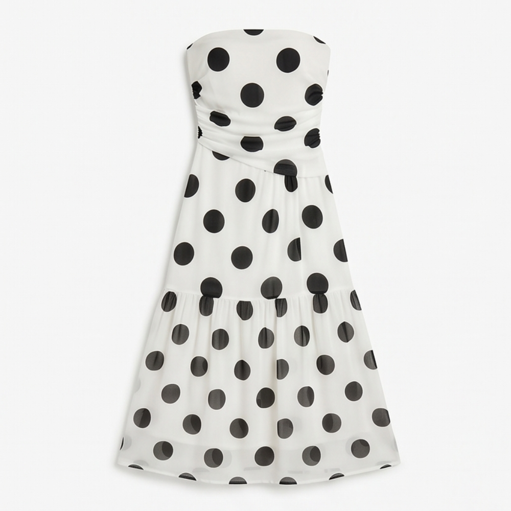 Strapless Polka Dot Midi Dress - Tiered Chiffon Summer Dress