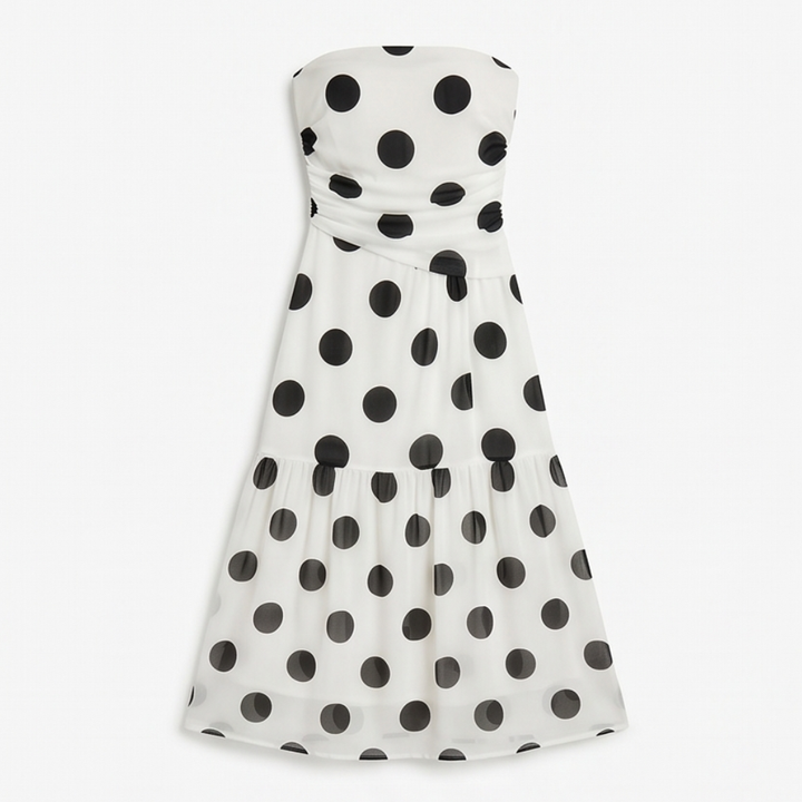 Strapless Polka Dot Midi Dress - Tiered Chiffon Summer Dress