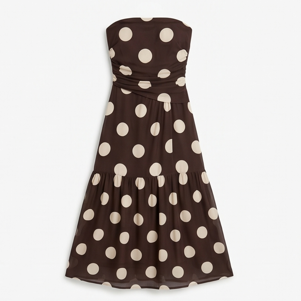 Strapless Polka Dot Midi Dress - Tiered Chiffon Summer Dress