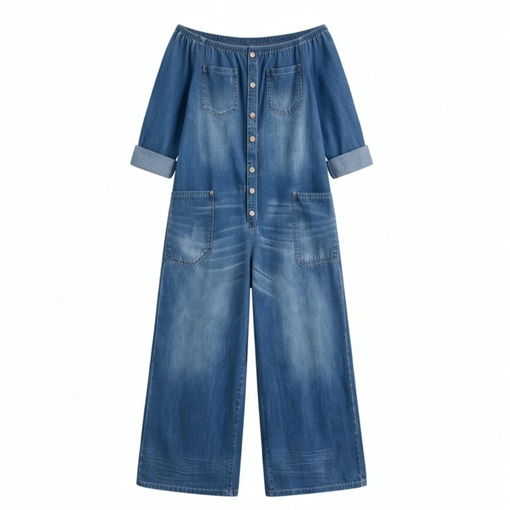 Off Shoulder Denim Jumpsuit Wide Leg One Piece for Women