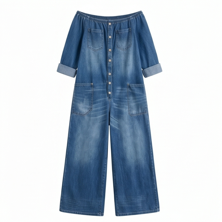 Off Shoulder Denim Jumpsuit Wide Leg One Piece for Women