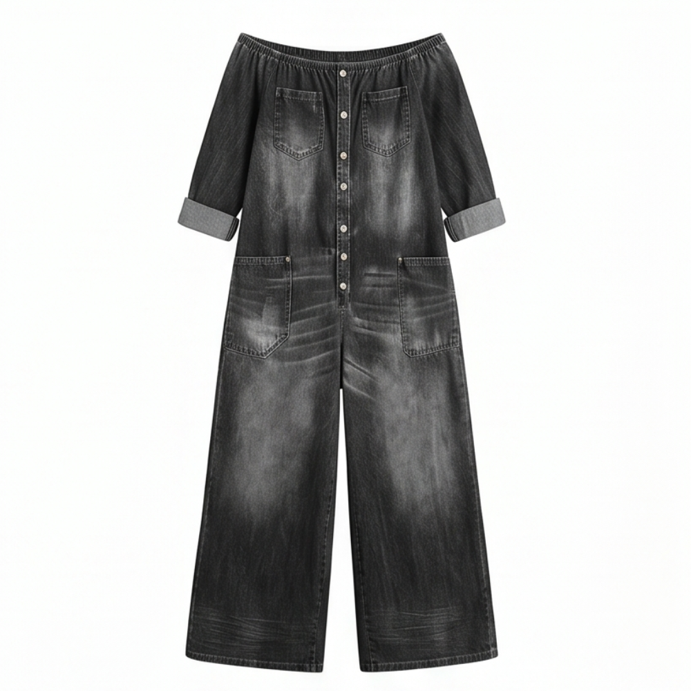 Off Shoulder Denim Jumpsuit Wide Leg One Piece for Women