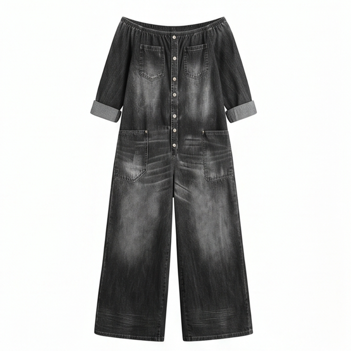 Off Shoulder Denim Jumpsuit Wide Leg One Piece for Women