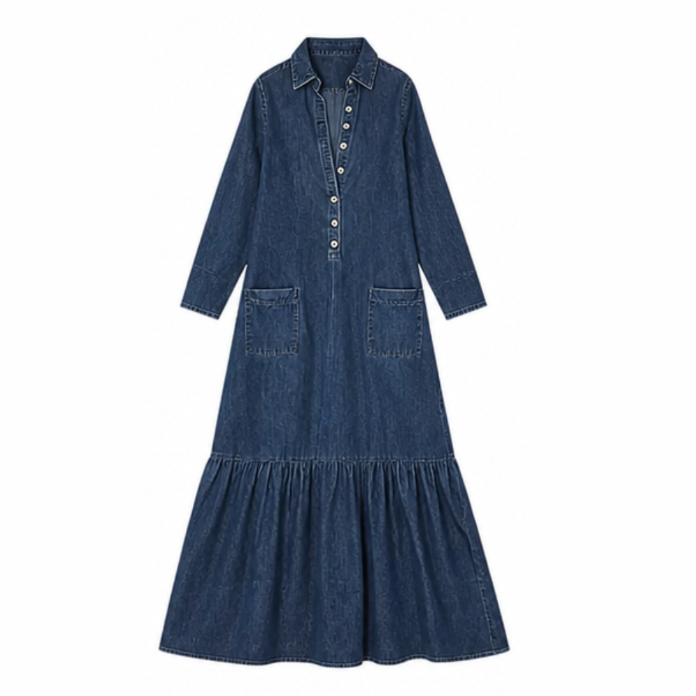 Denim Maxi Dress with Tiered Ruffle Hem and Pockets