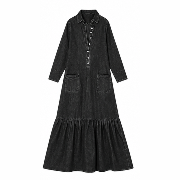 Denim Maxi Dress with Tiered Ruffle Hem and Pockets