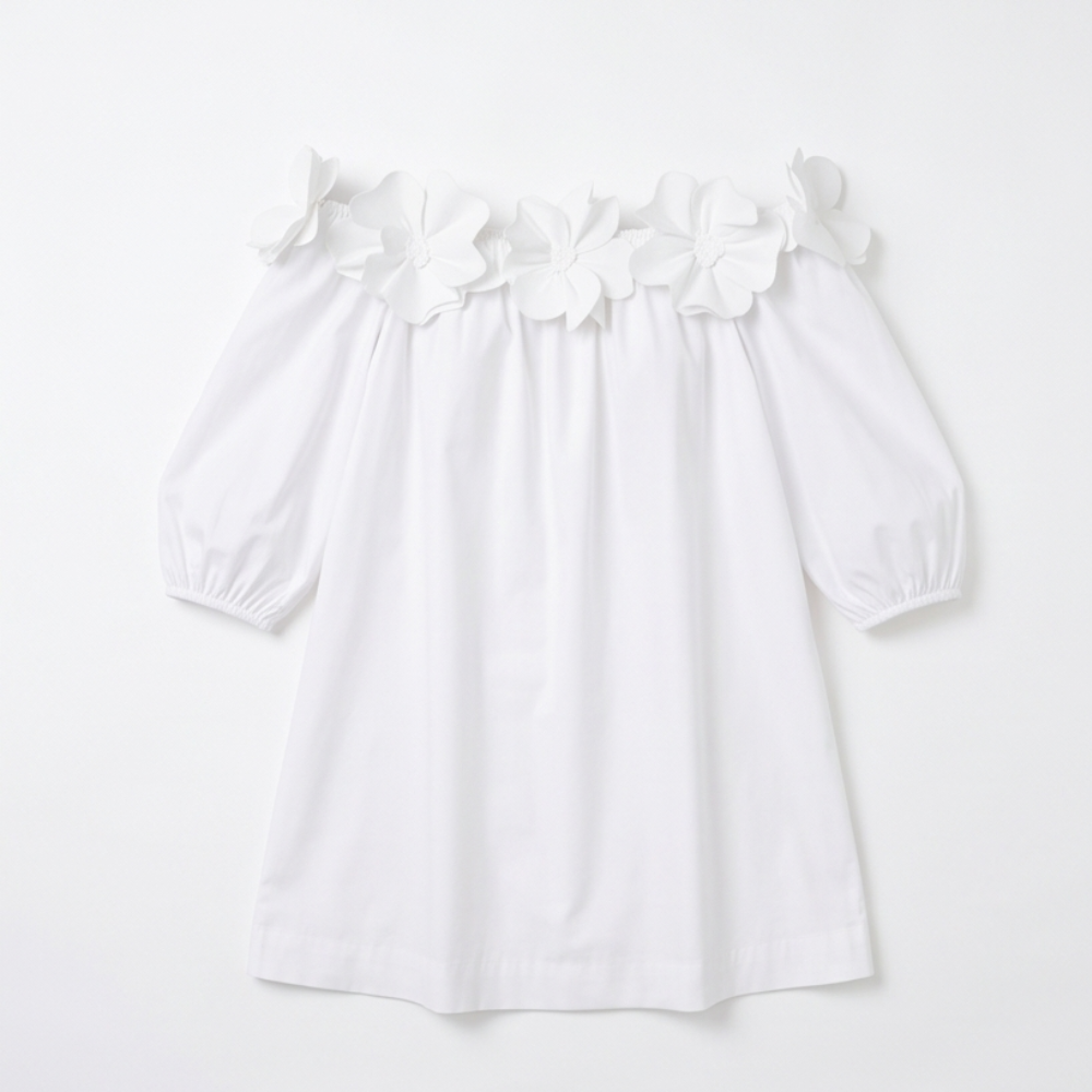 White Off Shoulder Dress with Roses - A-Line Mini Dress