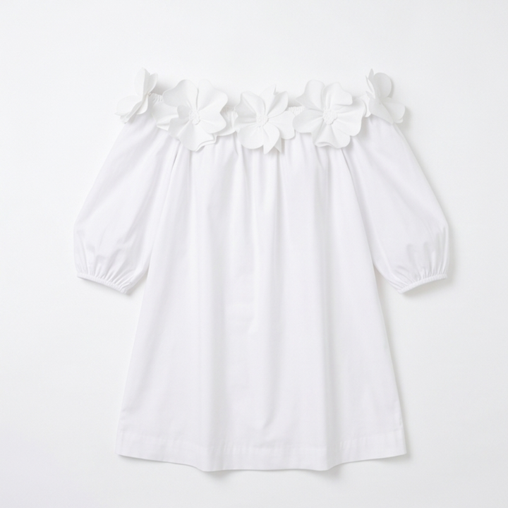 White Off Shoulder Dress with Roses - A-Line Mini Dress