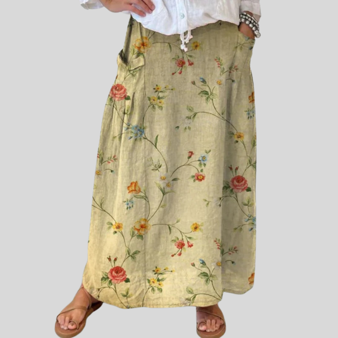 Mella™ | Falda con cintura elástica, bolsillos y arte floral retro elegante