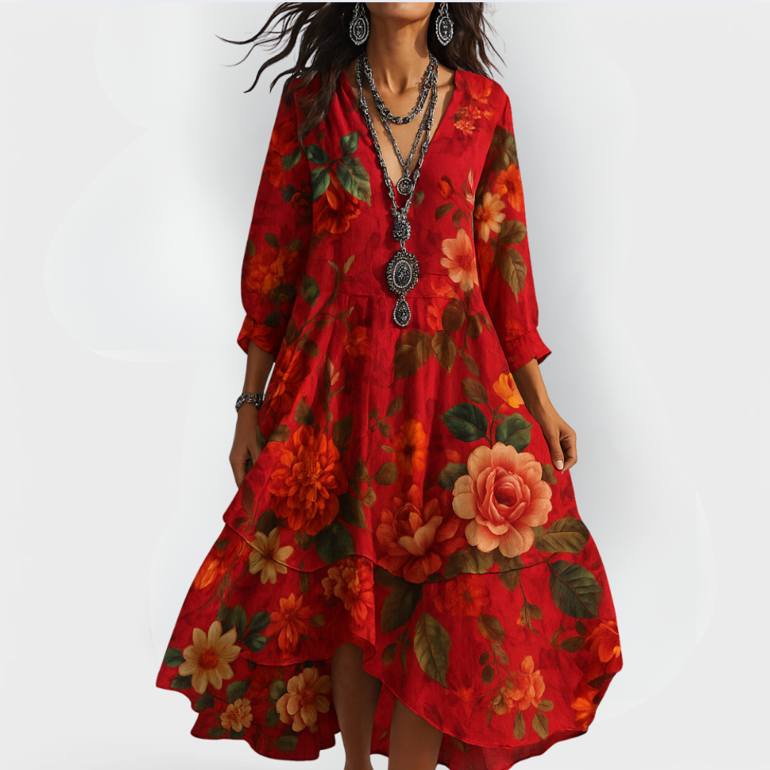 Damen Boho Kleid | Florales Midikleid mit V-Ausschnitt und 3/4-Ärmeln