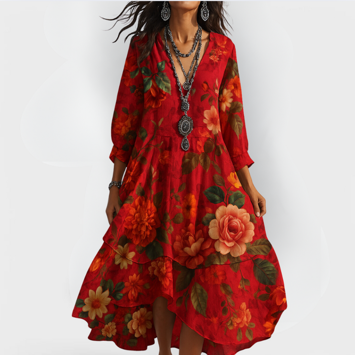 Damen Boho Kleid | Florales Midikleid mit V-Ausschnitt und 3/4-Ärmeln