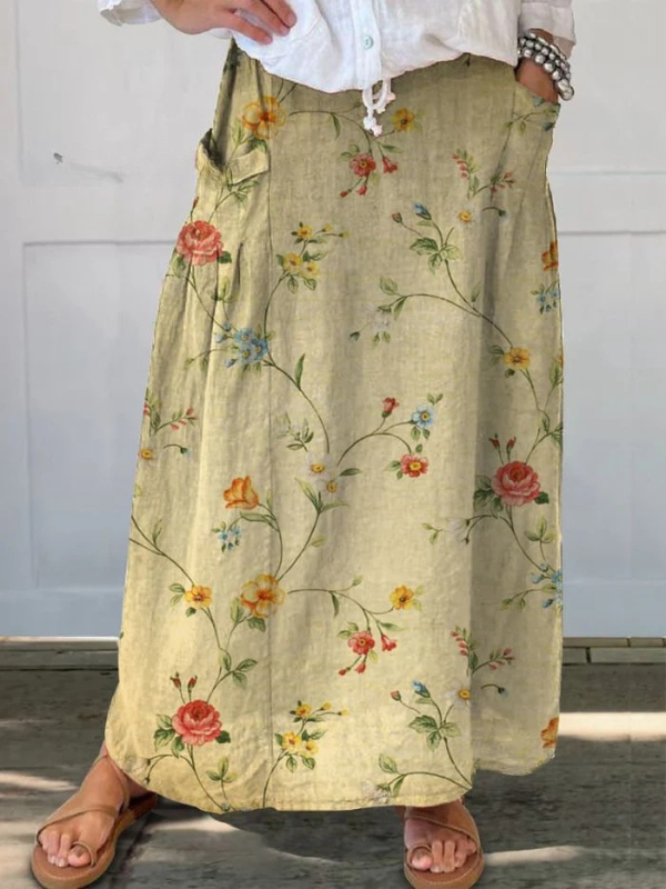 Mella™ | Falda con cintura elástica, bolsillos y arte floral retro elegante