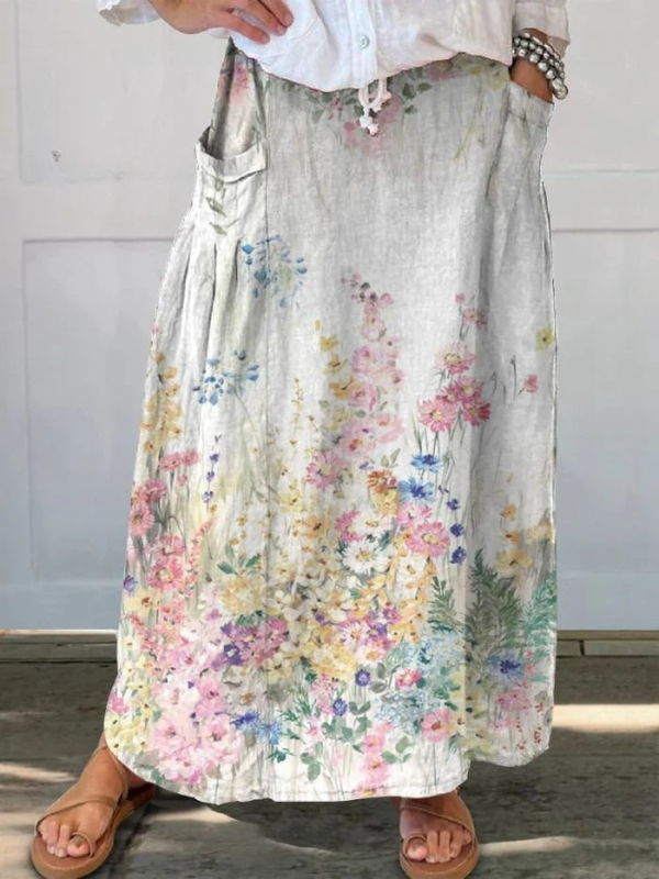 Mella™ | Falda con cintura elástica, bolsillos y arte floral retro elegante