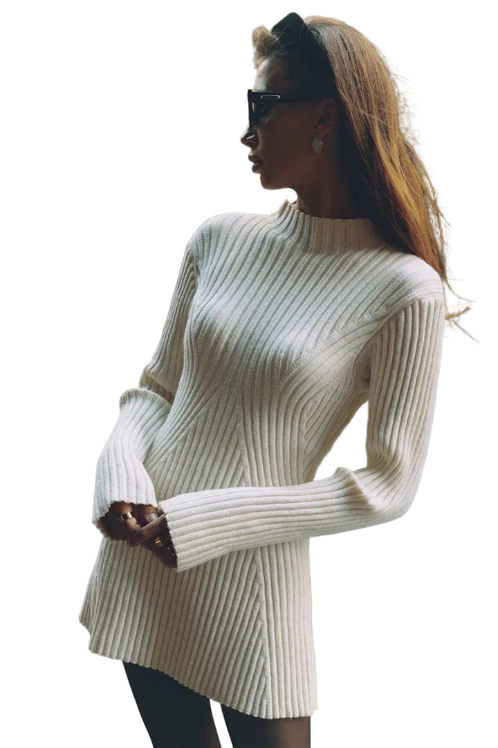 Vestido Suéter para Mujer Blanco de Acrílico y Algodón con Cuello Simulado, Manga Larga y Mini