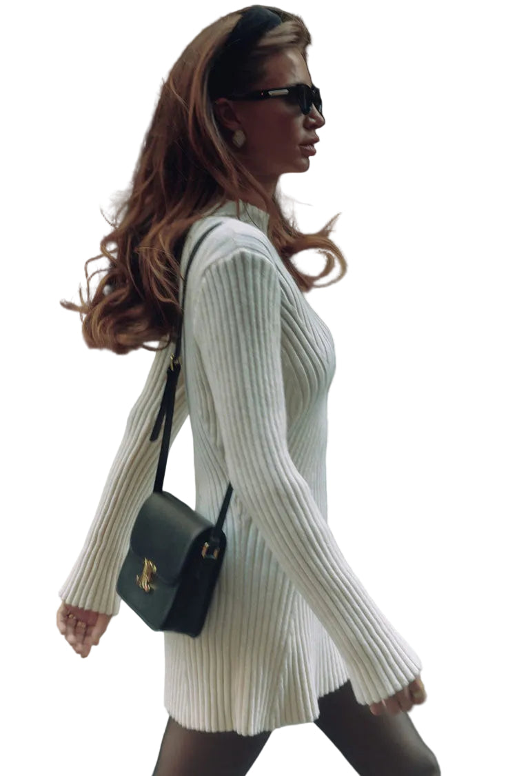 Vestido Suéter para Mujer Blanco de Acrílico y Algodón con Cuello Simulado, Manga Larga y Mini