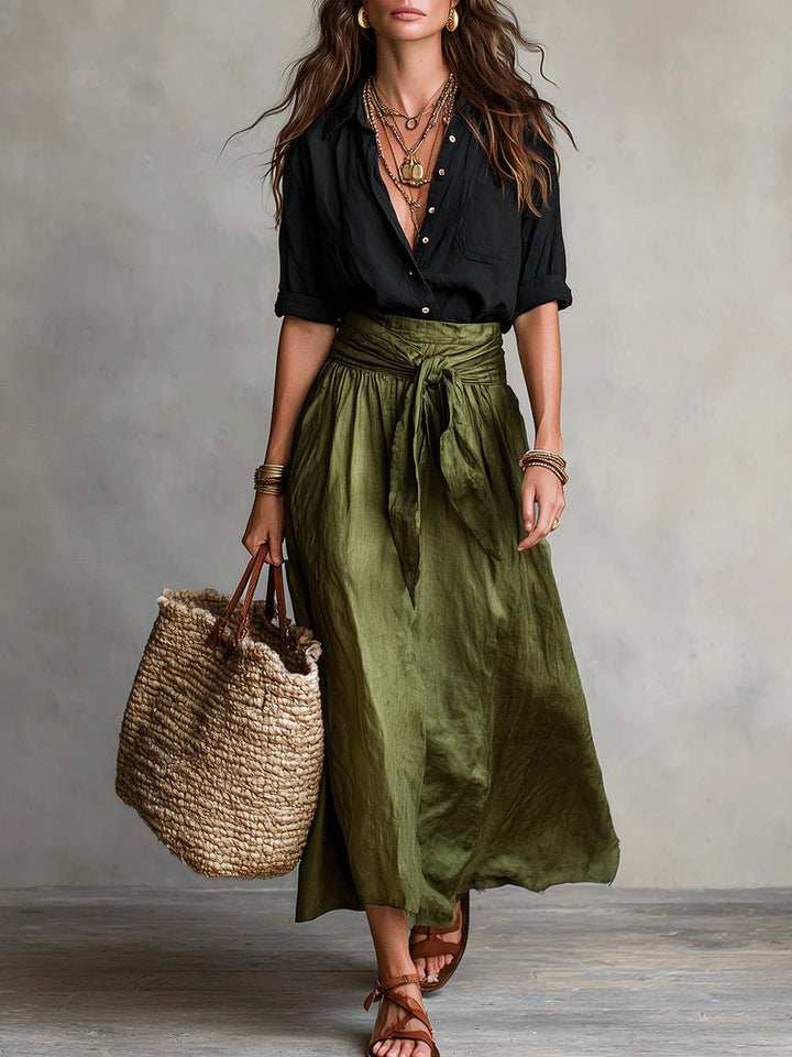 Solène™ | Conjunto de Blusa com Amarração na Cintura e Saia