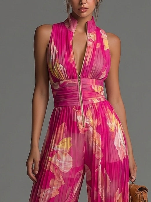 Zsófia Jumpsuit | Fuchsia Blumenmuster Plissierter Chiffon