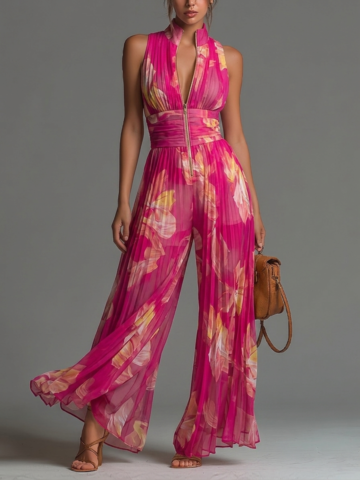 Zsófia Jumpsuit | Fuchsia Blumenmuster Plissierter Chiffon