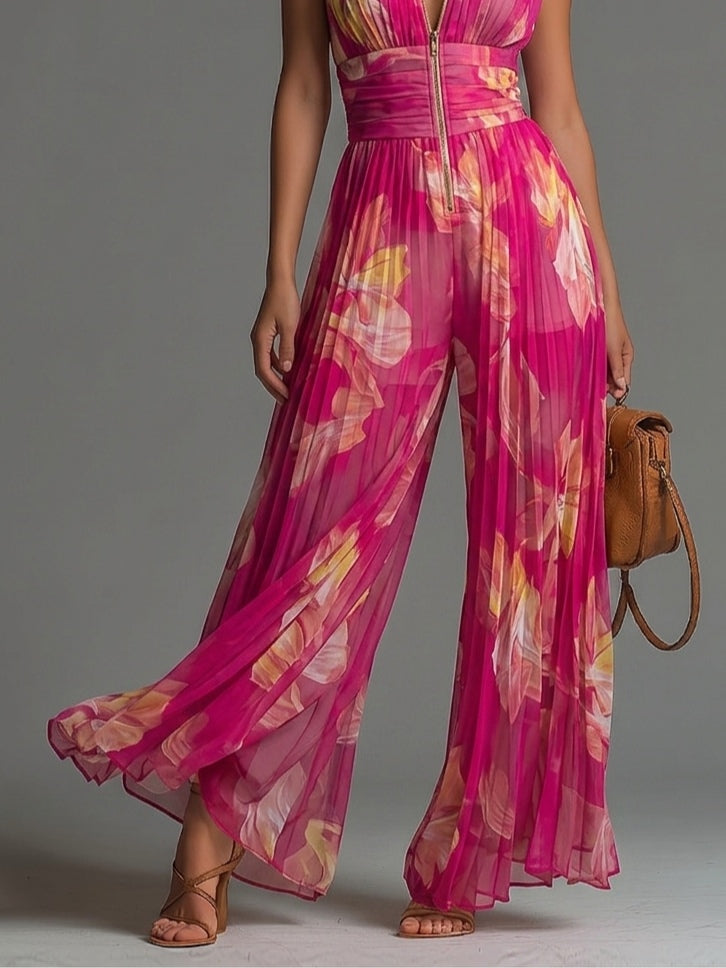 Zsófia Jumpsuit | Fuchsia Blumenmuster Plissierter Chiffon
