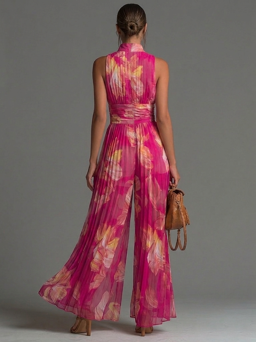Zsófia Jumpsuit | Fuchsia Blumenmuster Plissierter Chiffon