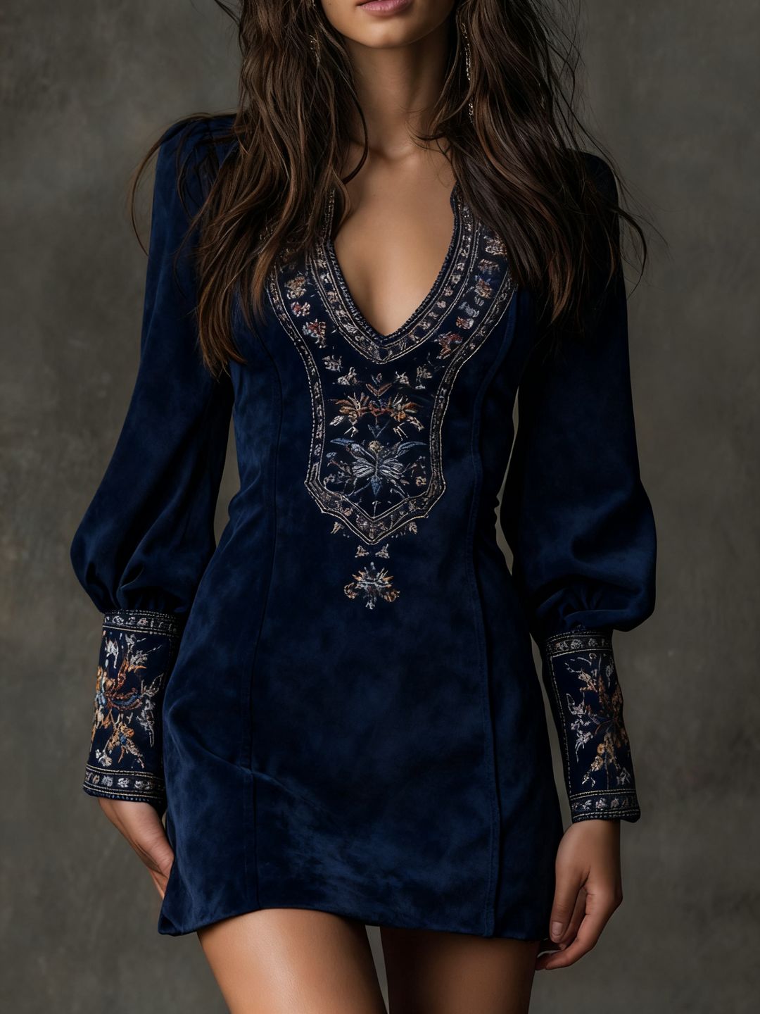 Lunori™ | Vestido mini bordado de ante en color púrpura