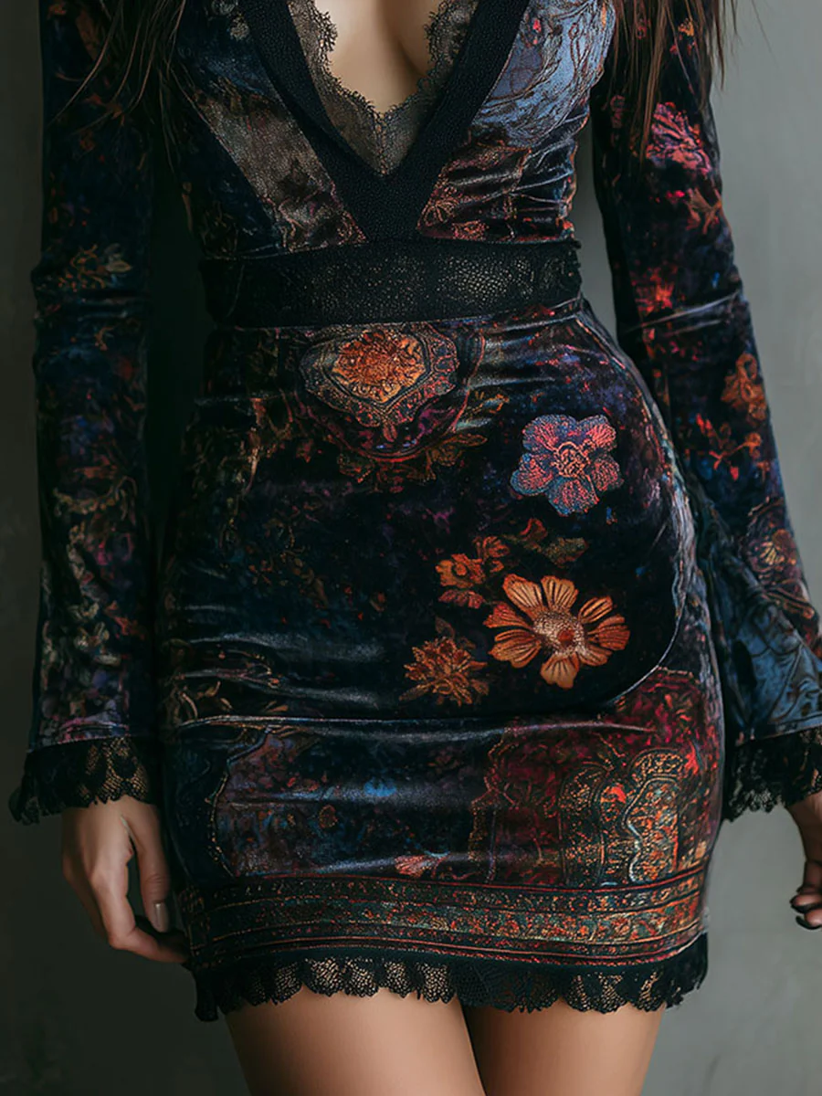 Lunori™ | Vestido mini floral de terciopelo Sofia
