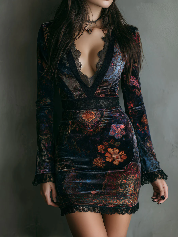 Lunori™ | Vestido mini floral de terciopelo Sofia