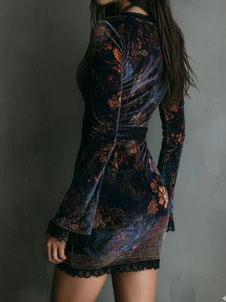 Lunori™ | Vestido mini floral de terciopelo Sofia