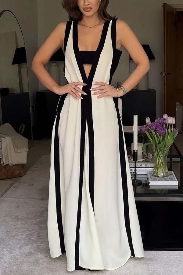 Maxi Dress for Women - Sleeveless Colorblock V-Neck A-Line