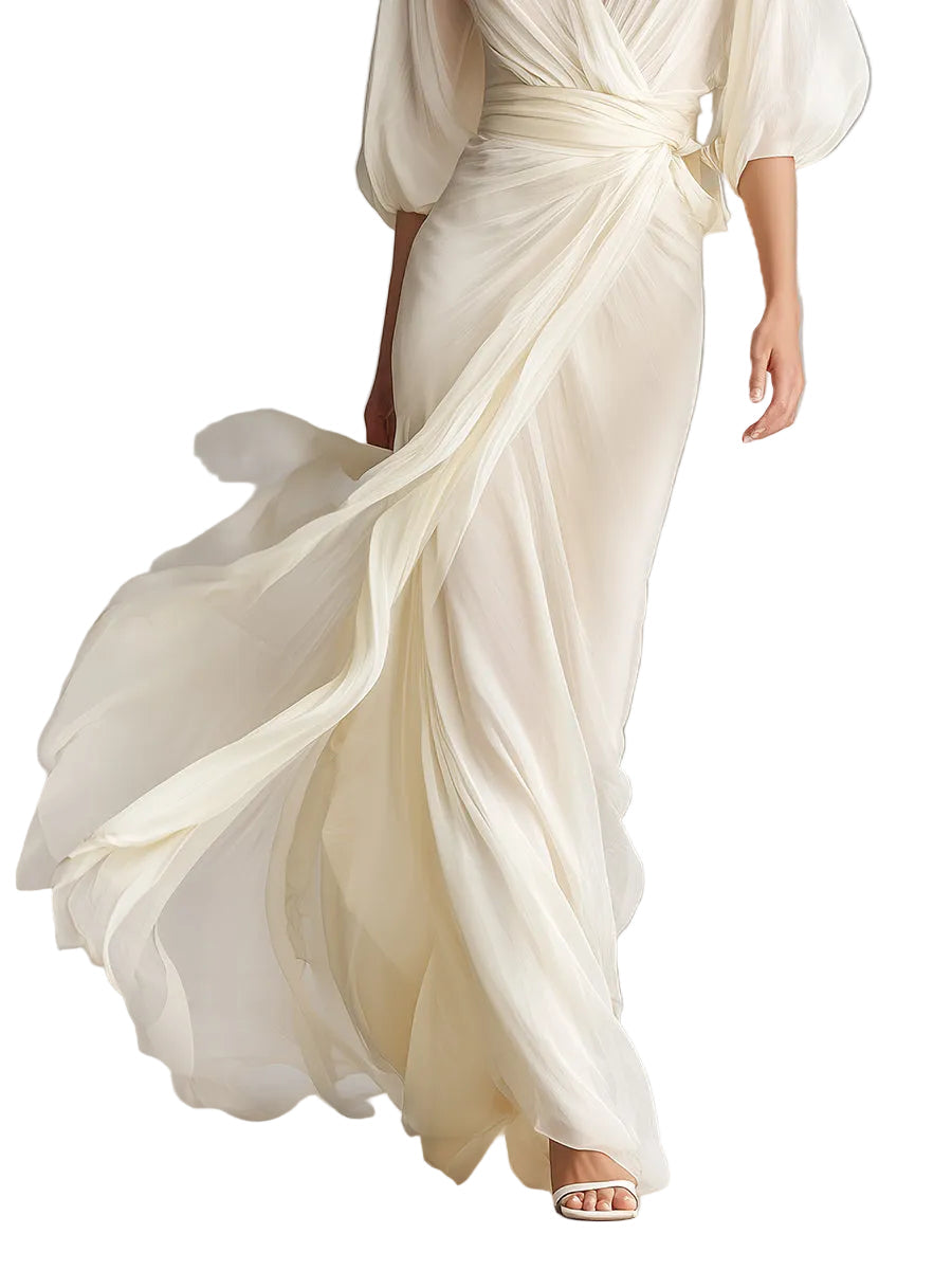 Abito da donna in chiffon avorio trasparente con maniche a sbuffo e dettaglio incrociato, stile romantico-lusso senza tempo