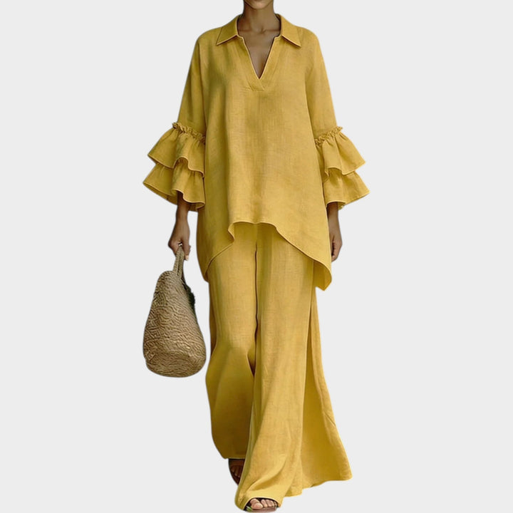 Two Piece Set for Women - Ruffled Sleeve Top and Wide Leg Pants