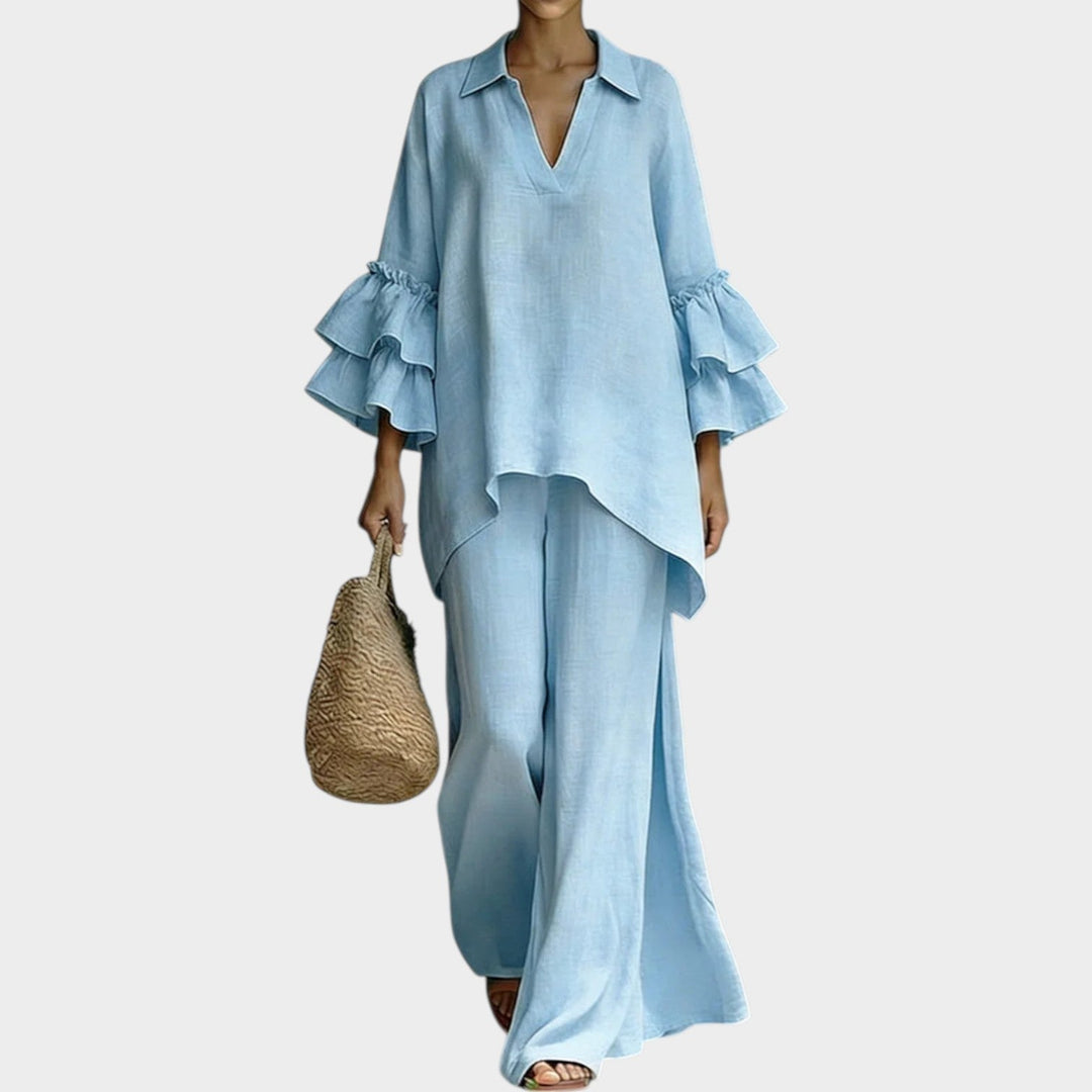 Two Piece Set for Women - Ruffled Sleeve Top and Wide Leg Pants