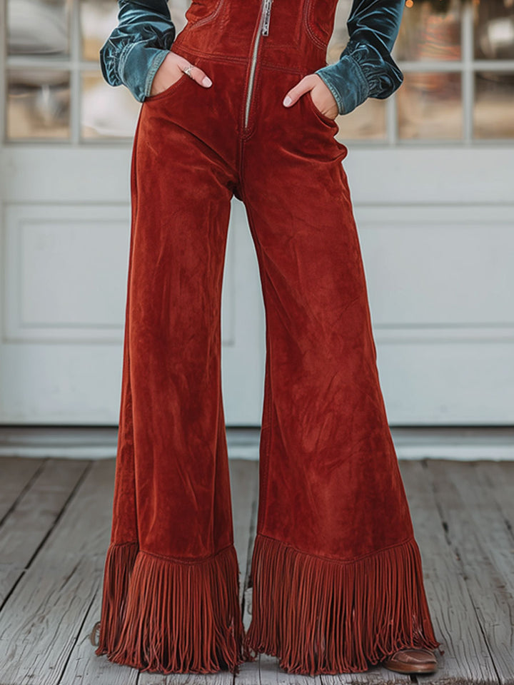 Mono de estilo retro occidental con cremallera en V, ante sintético rojo, pantalones anchos y borlas