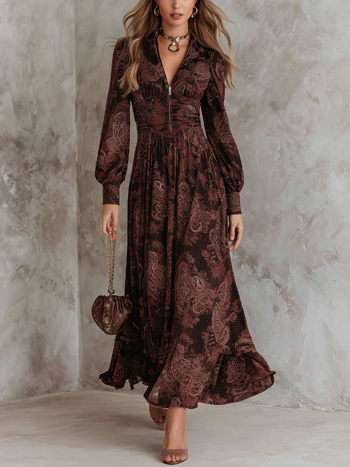 Lunori™ Marlene | Vestido midi con estampado paisley y cremallera en el cuello