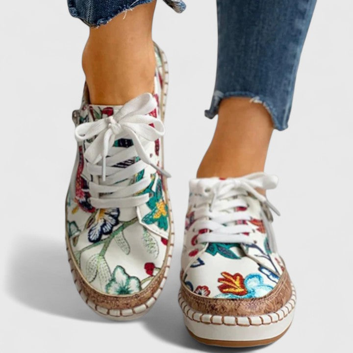 Dahlia | Zapatillas de plataforma con estampado floral para mujer y cordones, con suela de corcho