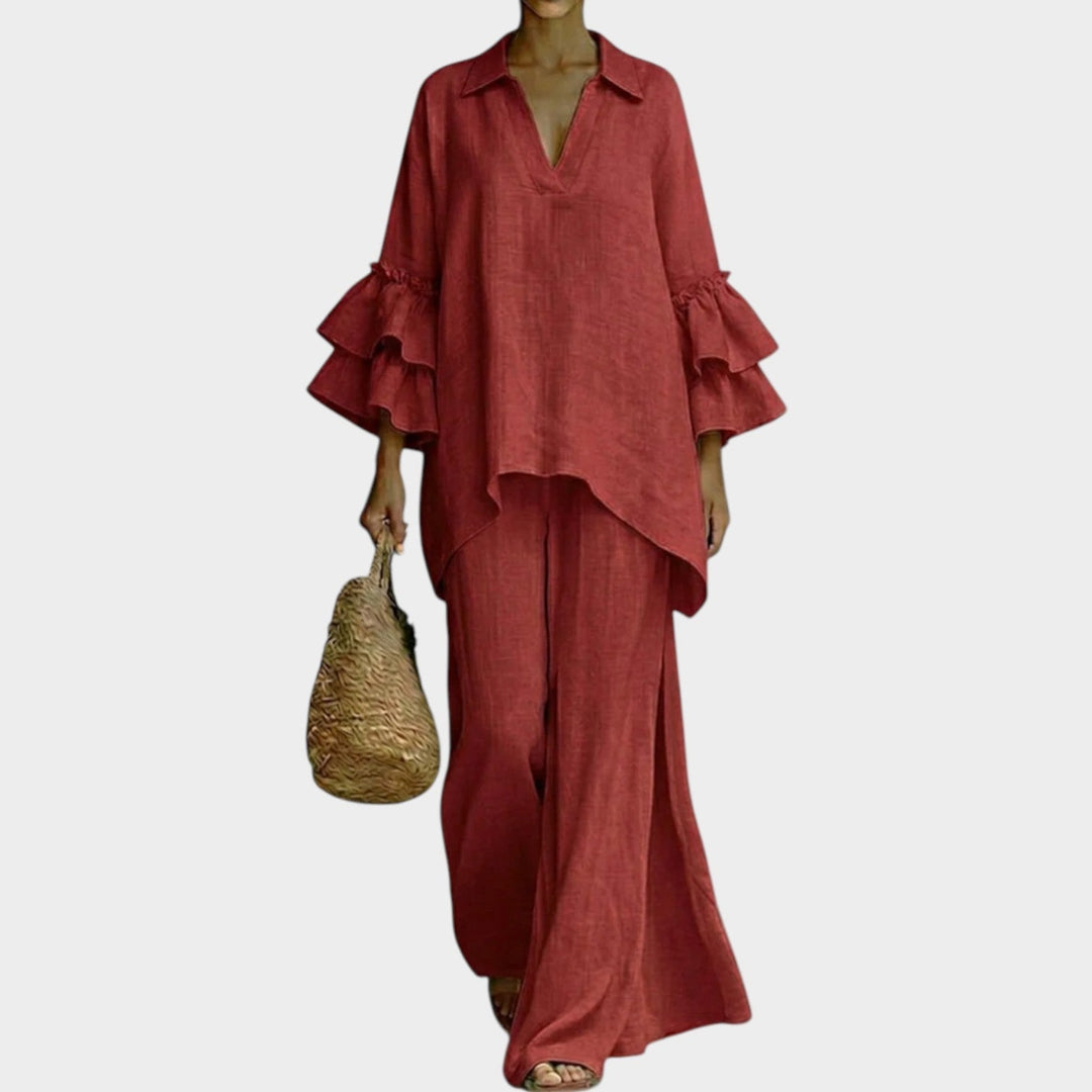 Two Piece Set for Women - Ruffled Sleeve Top and Wide Leg Pants